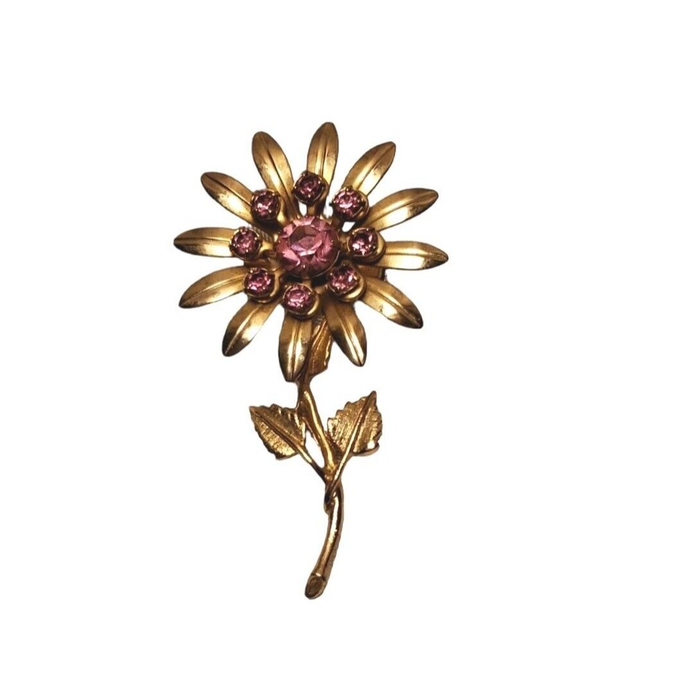 Vintage Flower Brooch Pin Gold Tone Pink Rhinestones Stems Leaves